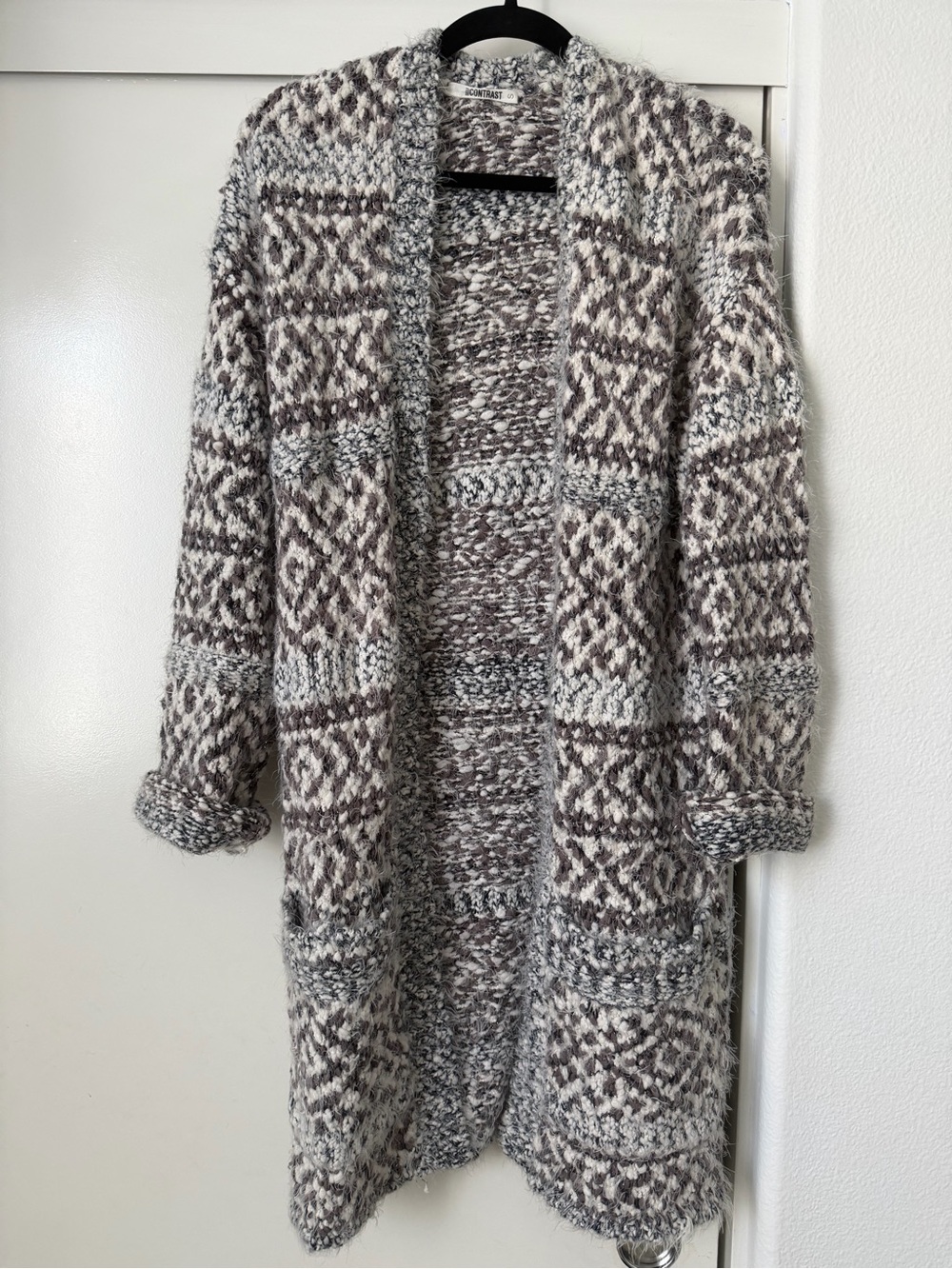 Open-Front Geometric Knit Cardigan Sweater - Gray Cream